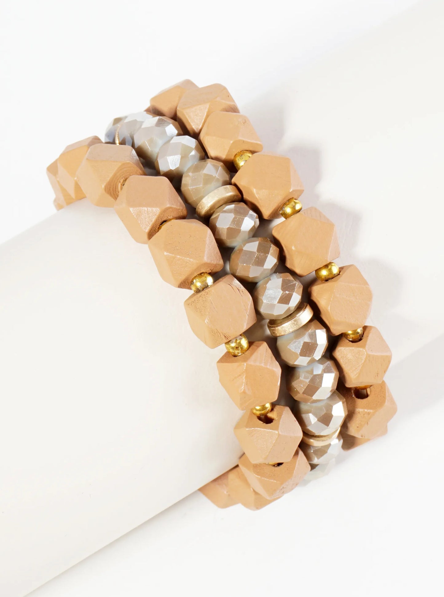 Set Of 3 Wood And Glass Beaded Stretch Stackable Bracelet