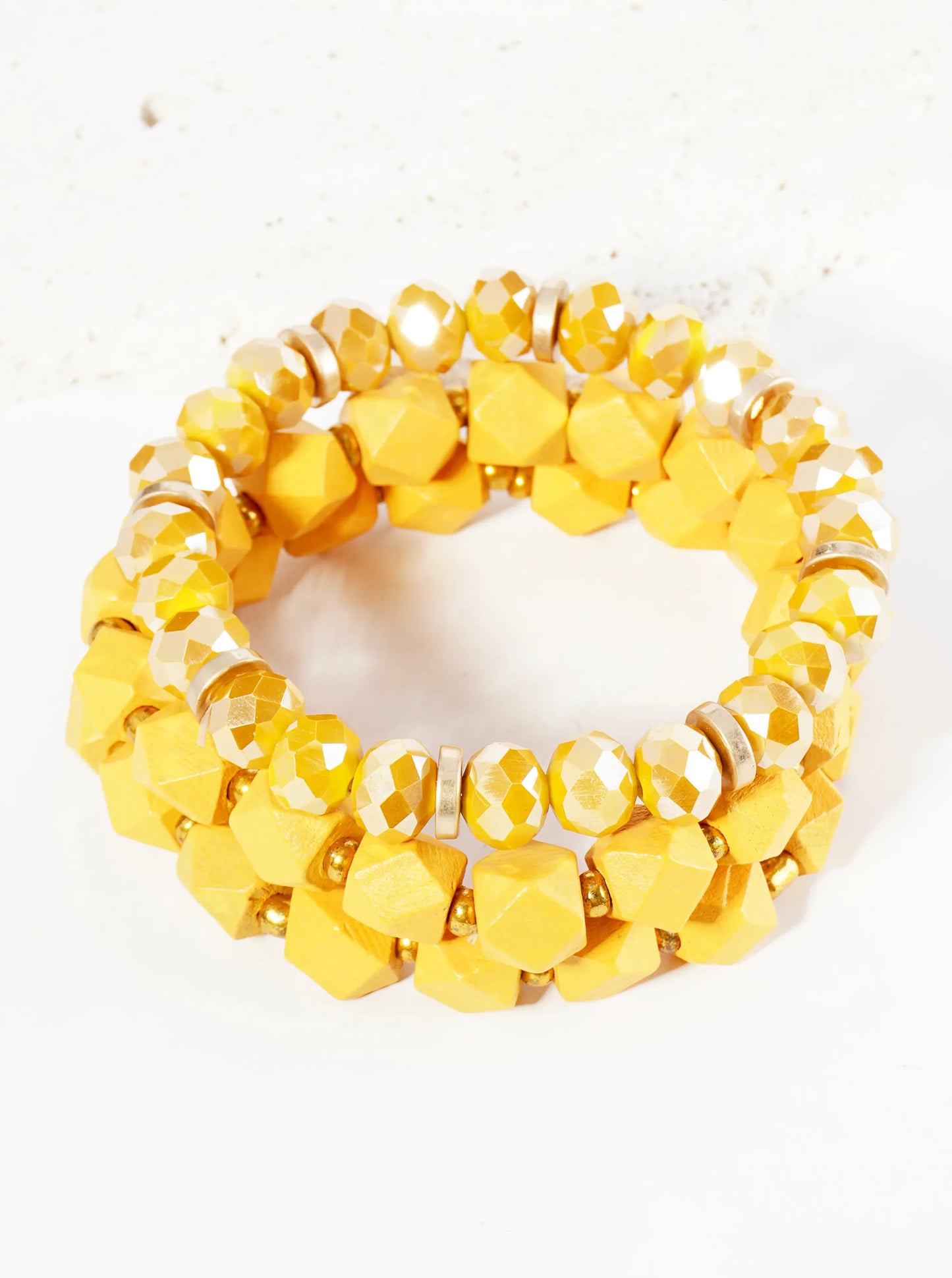 Set Of 3 Wood And Glass Beaded Stretch Stackable Bracelet