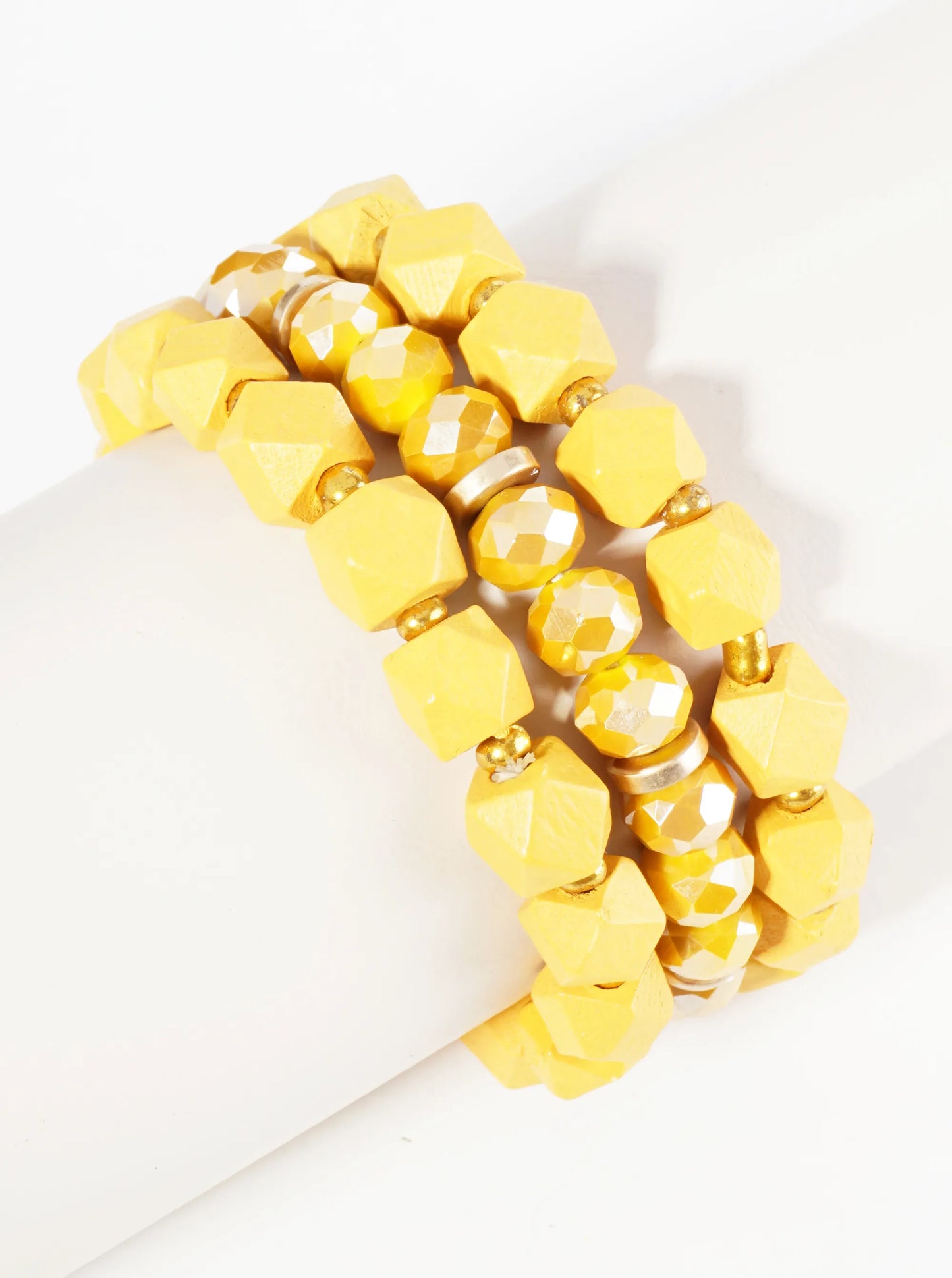 Set Of 3 Wood And Glass Beaded Stretch Stackable Bracelet