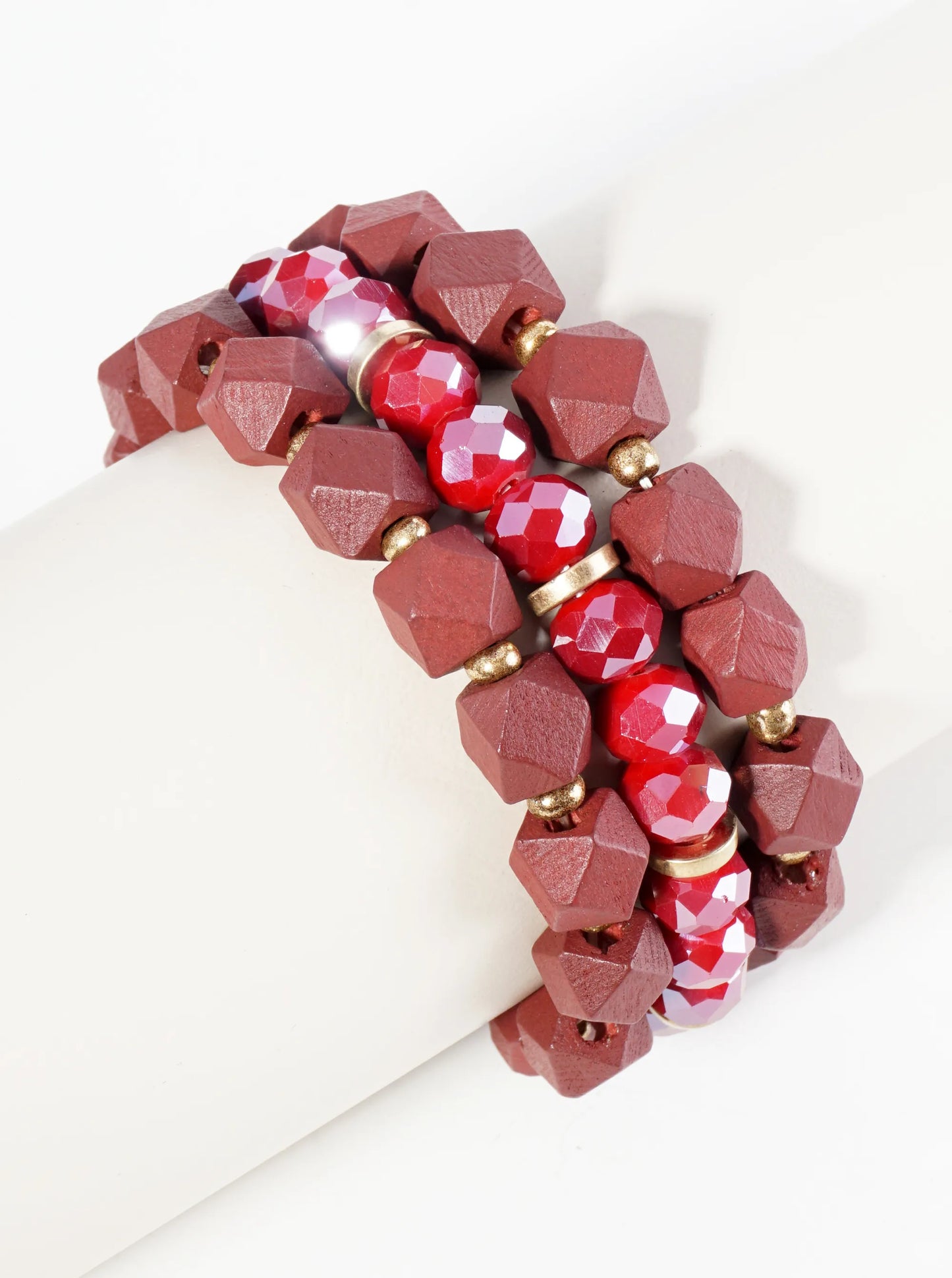 Set Of 3 Wood And Glass Beaded Stretch Stackable Bracelet