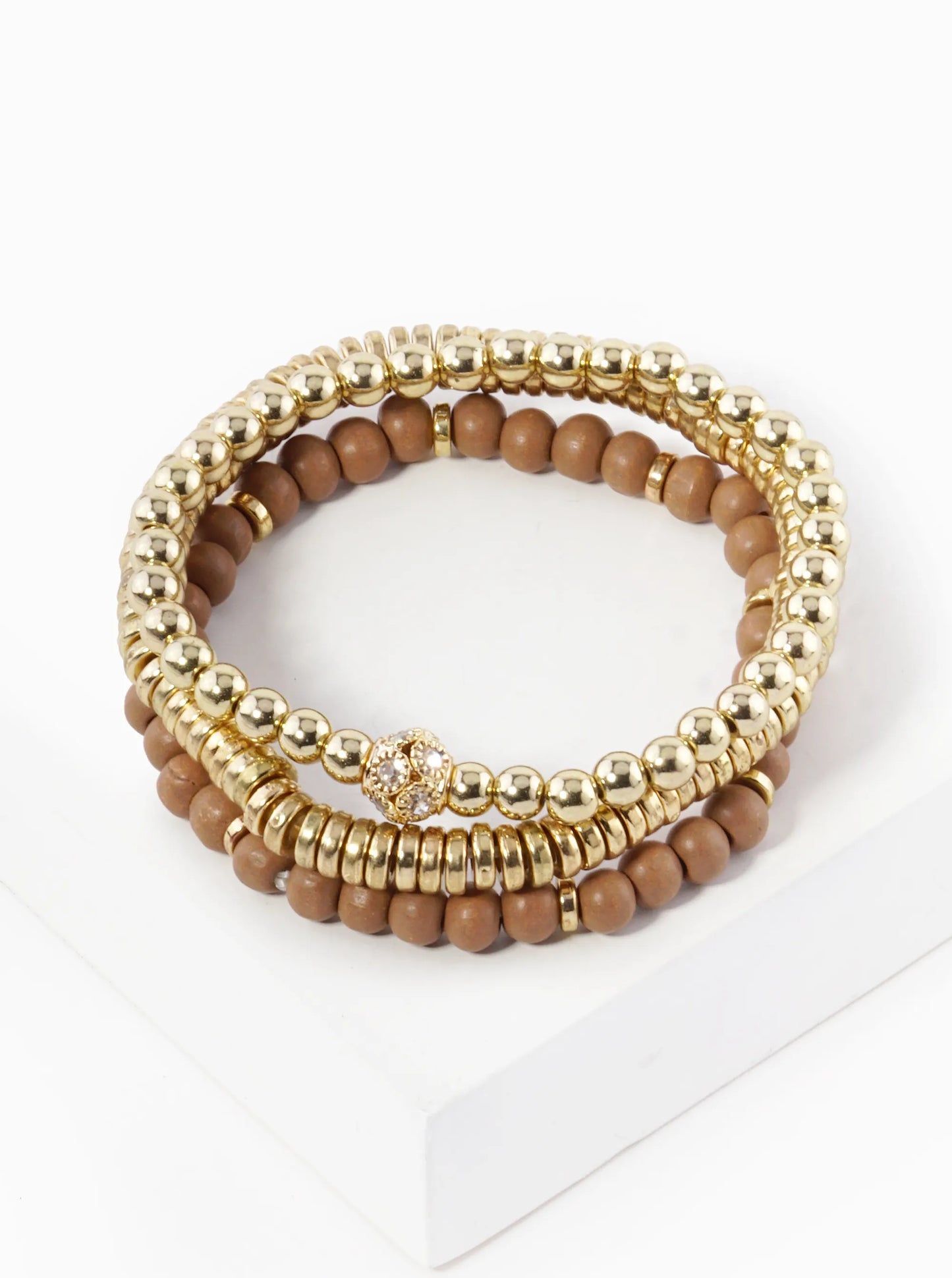 Set Of 3 Wood And Metallic Bead Stackable Stretch Bracelet