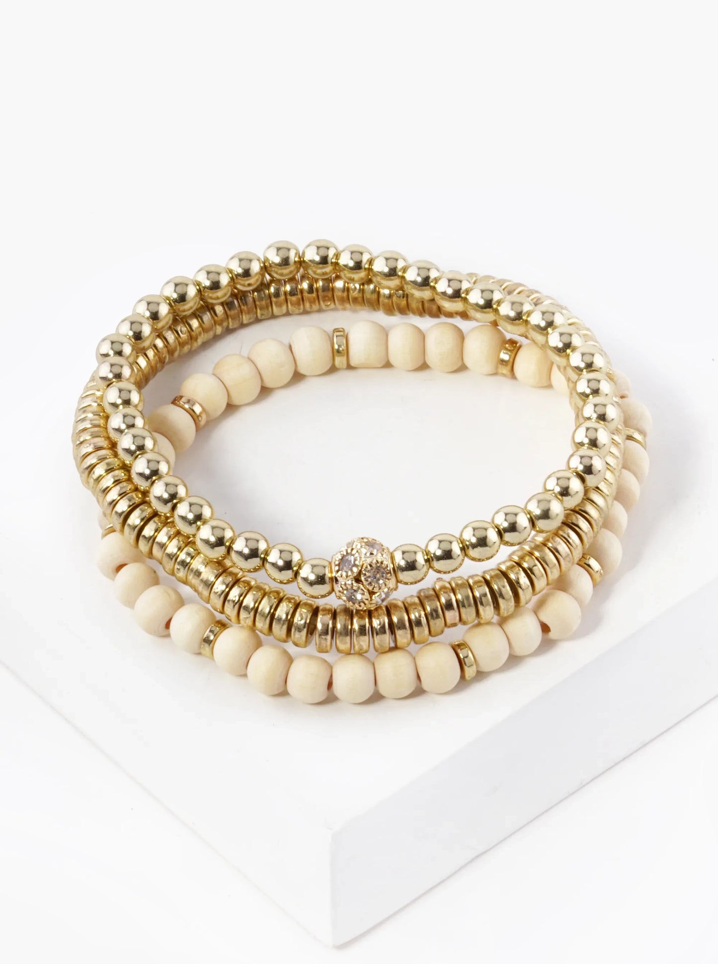 Set Of 3 Wood And Metallic Bead Stackable Stretch Bracelet