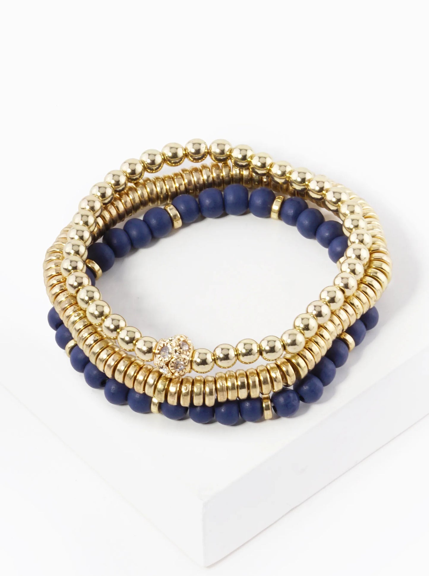 Set Of 3 Wood And Metallic Bead Stackable Stretch Bracelet