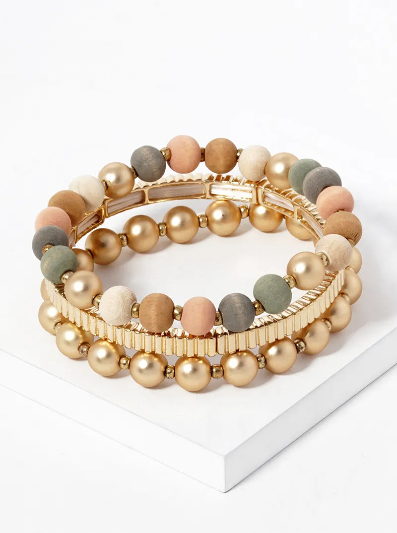 Set Of 3 Wood And Metallic Beaded Stretch Bracelet