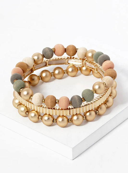 Set Of 3 Wood And Metallic Beaded Stretch Bracelet