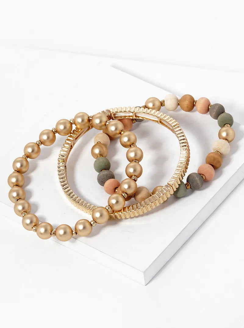 Set Of 3 Wood And Metallic Beaded Stretch Bracelet