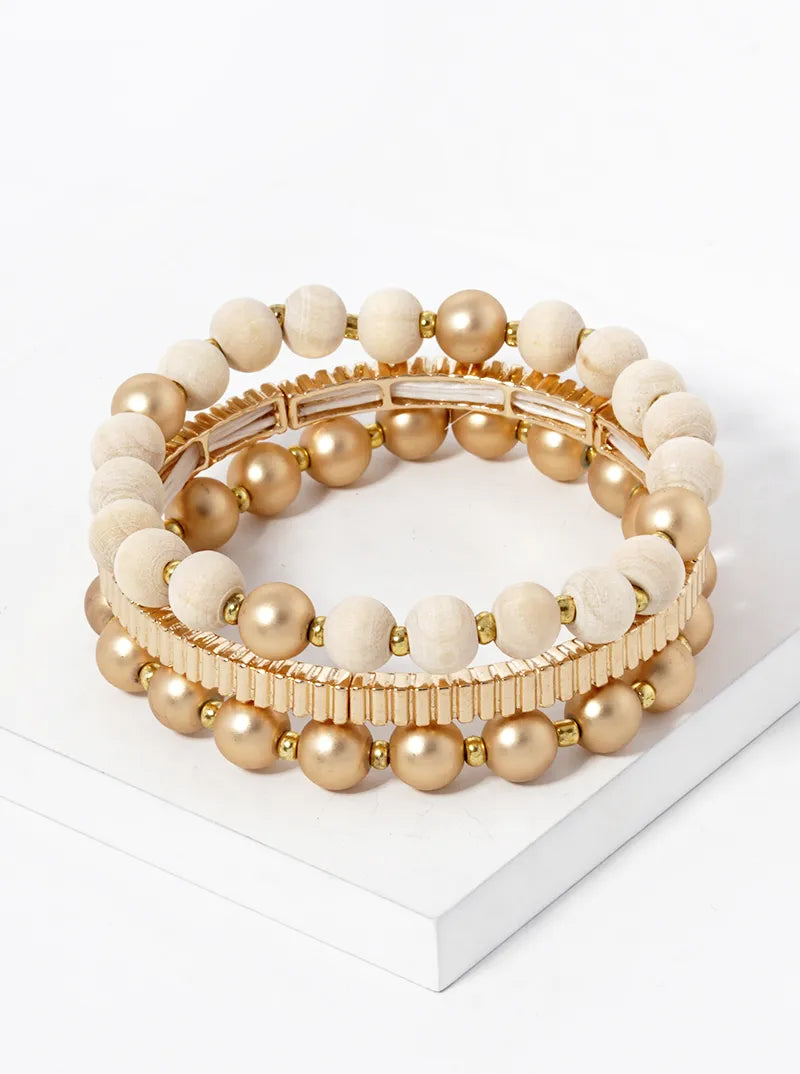 Set Of 3 Wood And Metallic Beaded Stretch Bracelet