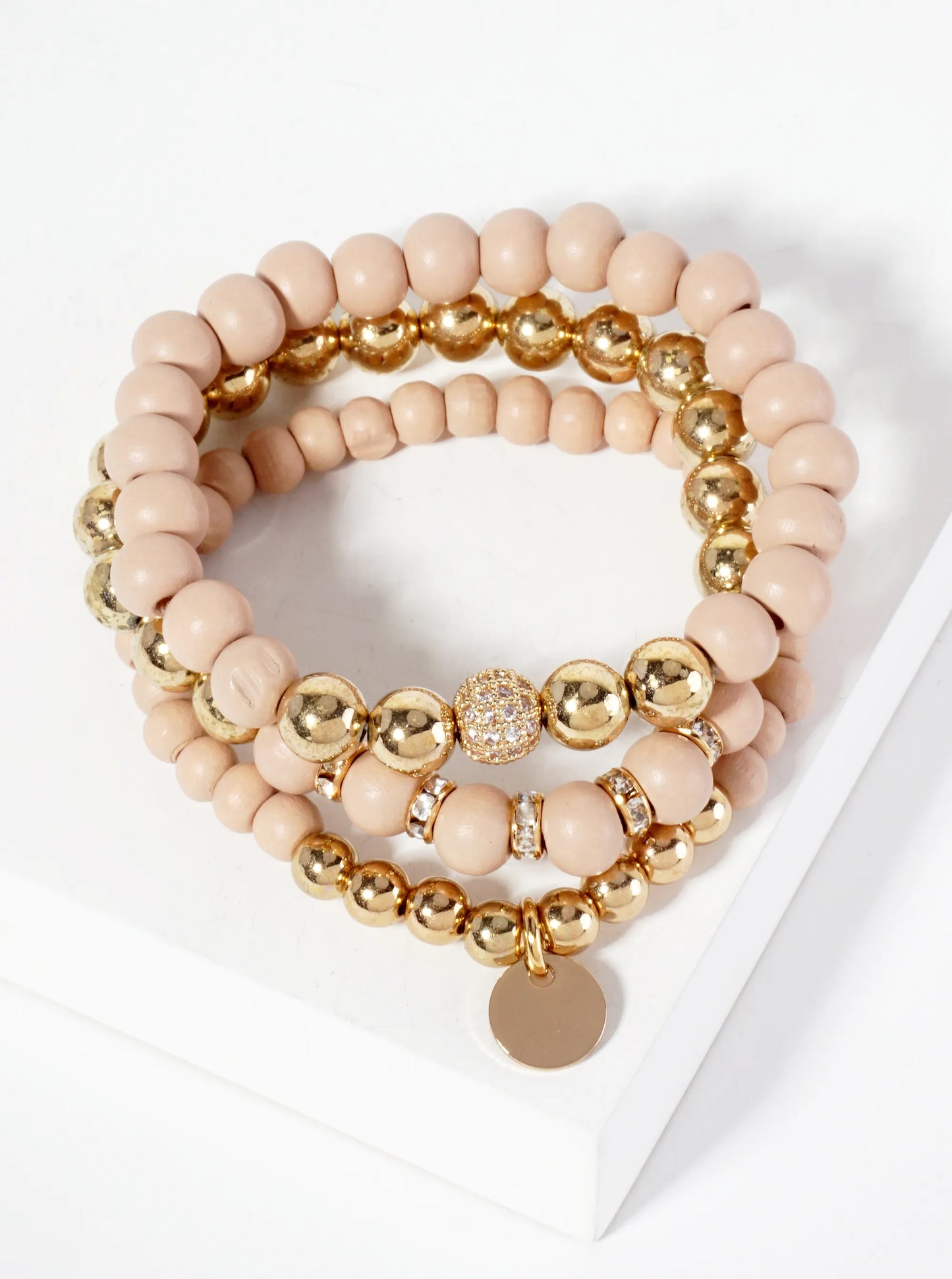 Set-of-3 Wood And Metallic-Beads Stackable Stretch Bracelet With Crystal-Pave Ball-Bead Accent