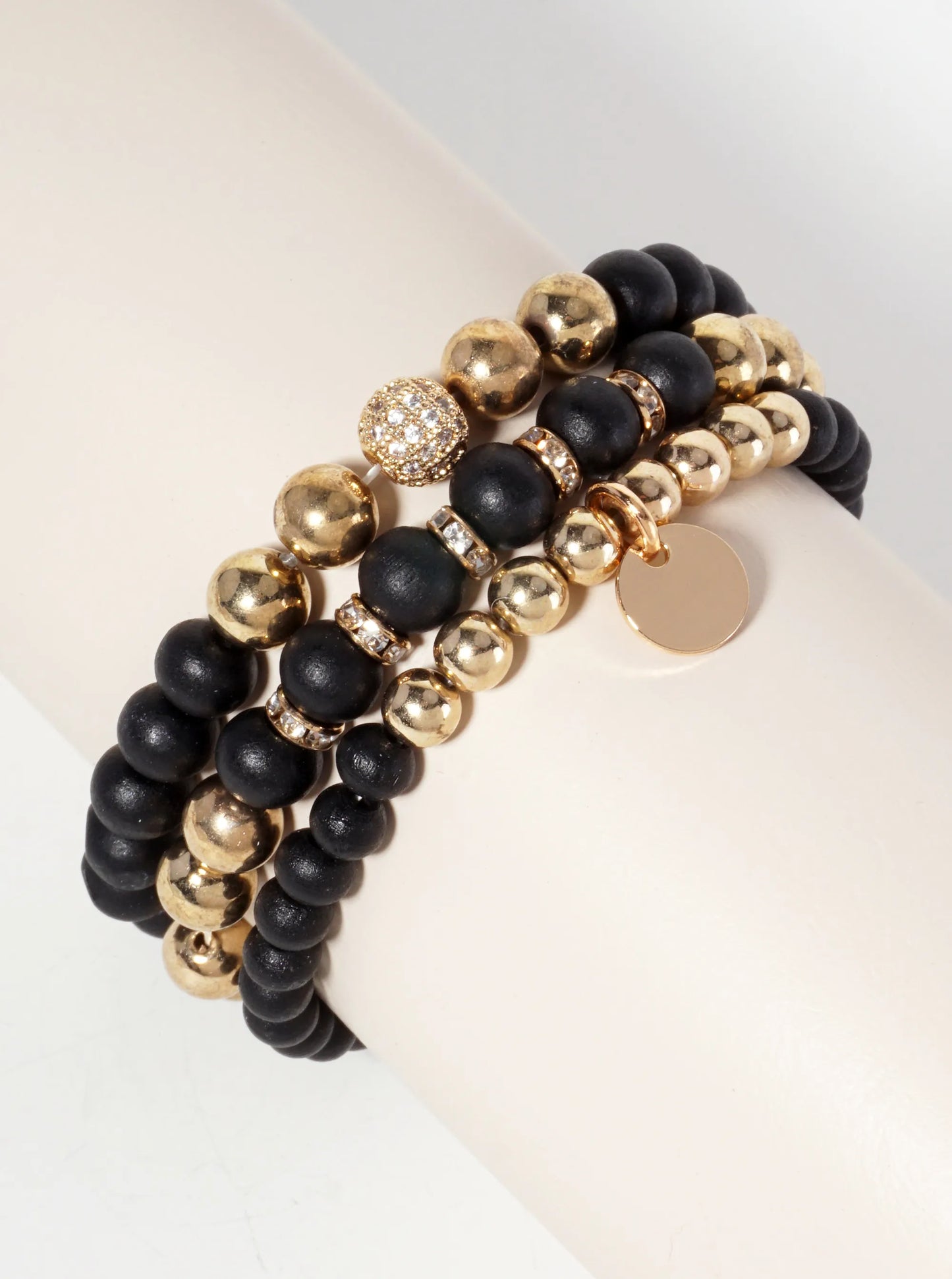 Set-of-3 Wood And Metallic-Beads Stackable Stretch Bracelet With Crystal-Pave Ball-Bead Accent