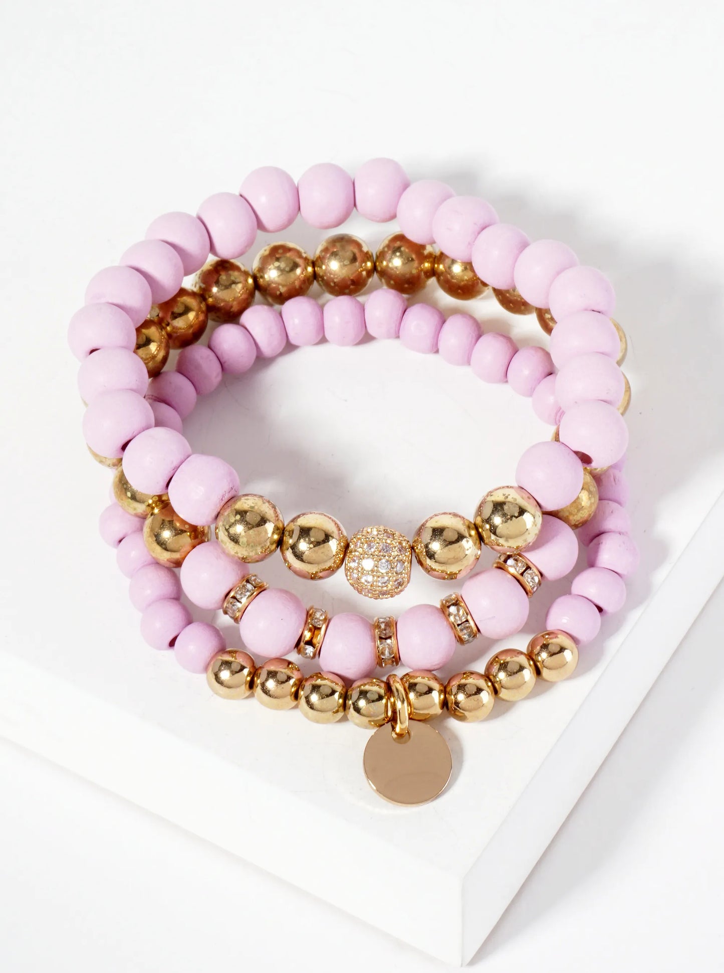 Set-of-3 Wood And Metallic-Beads Stackable Stretch Bracelet With Crystal-Pave Ball-Bead Accent