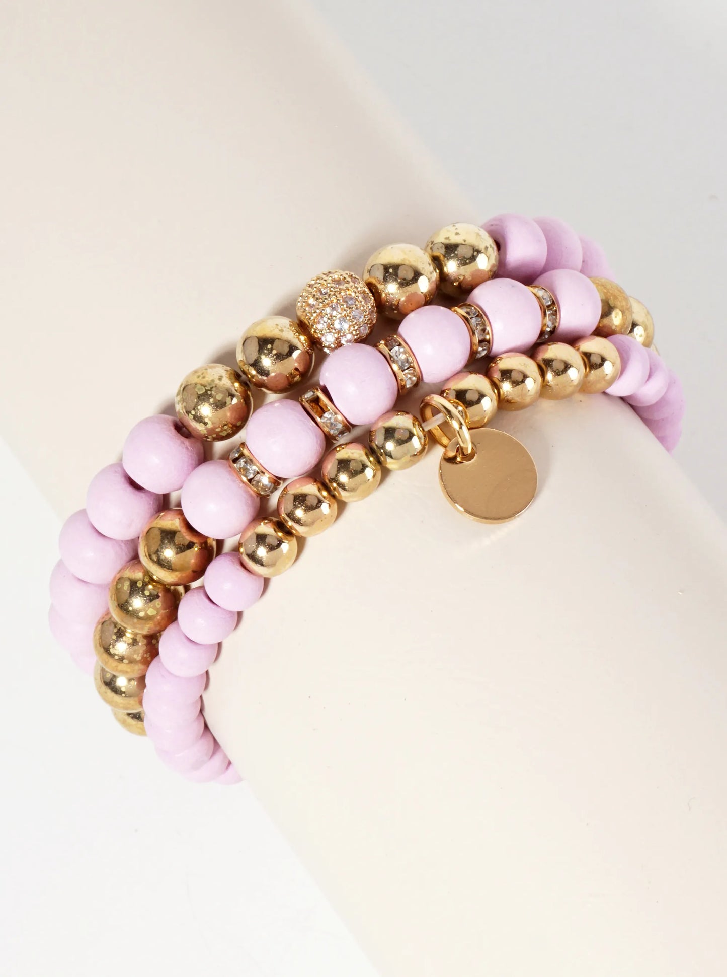 Set-of-3 Wood And Metallic-Beads Stackable Stretch Bracelet With Crystal-Pave Ball-Bead Accent