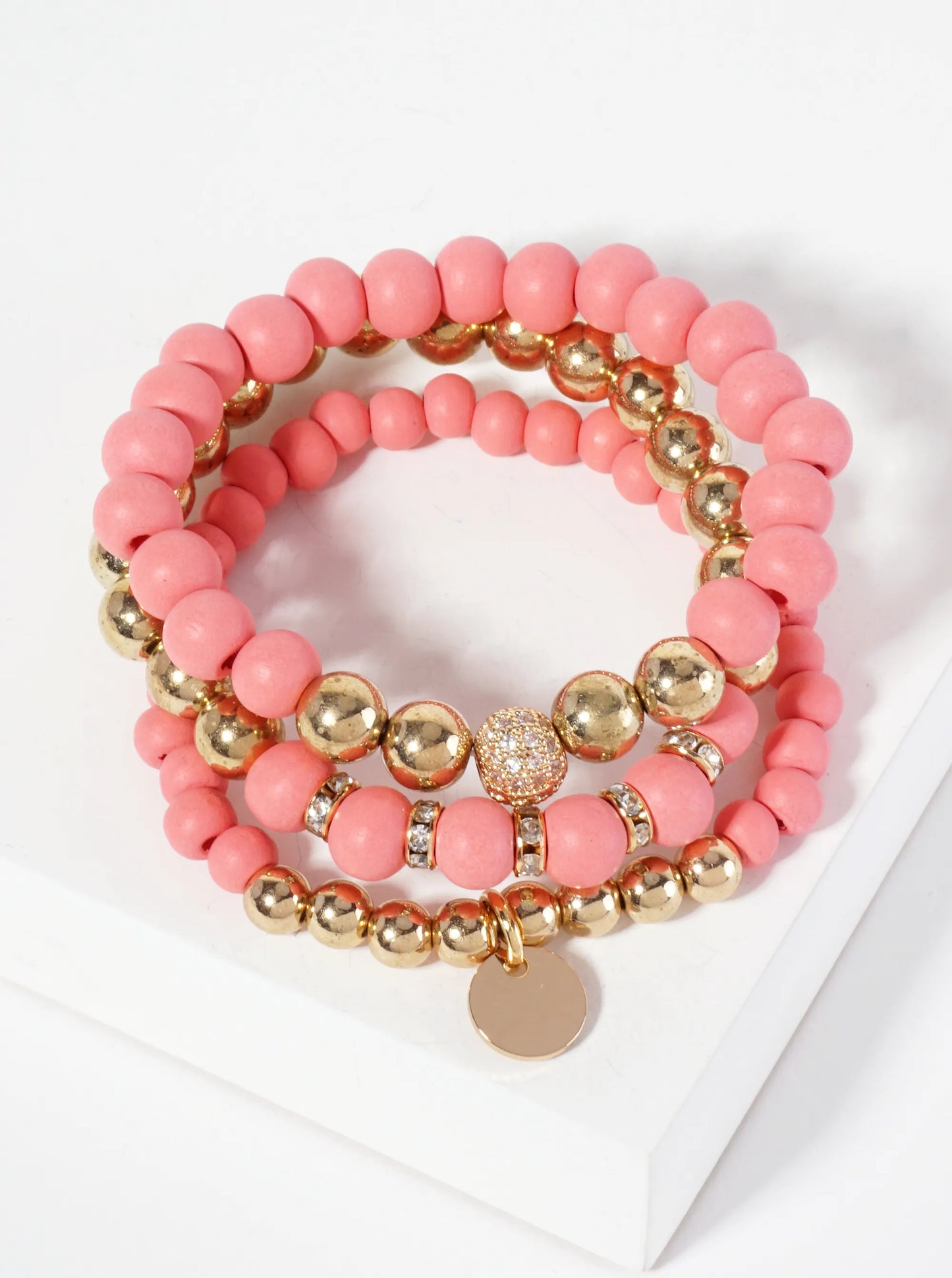 Set-of-3 Wood And Metallic-Beads Stackable Stretch Bracelet With Crystal-Pave Ball-Bead Accent