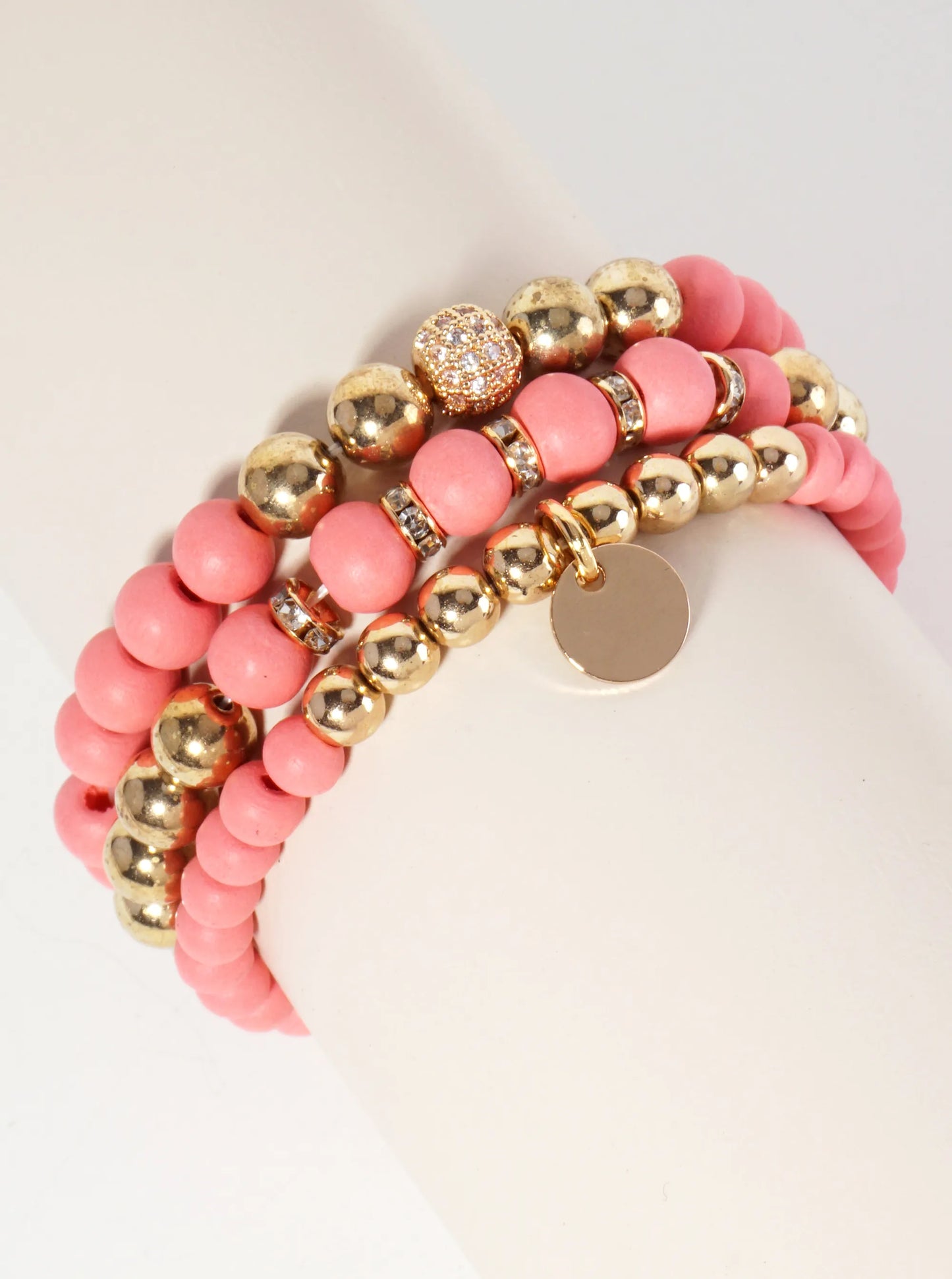 Set-of-3 Wood And Metallic-Beads Stackable Stretch Bracelet With Crystal-Pave Ball-Bead Accent