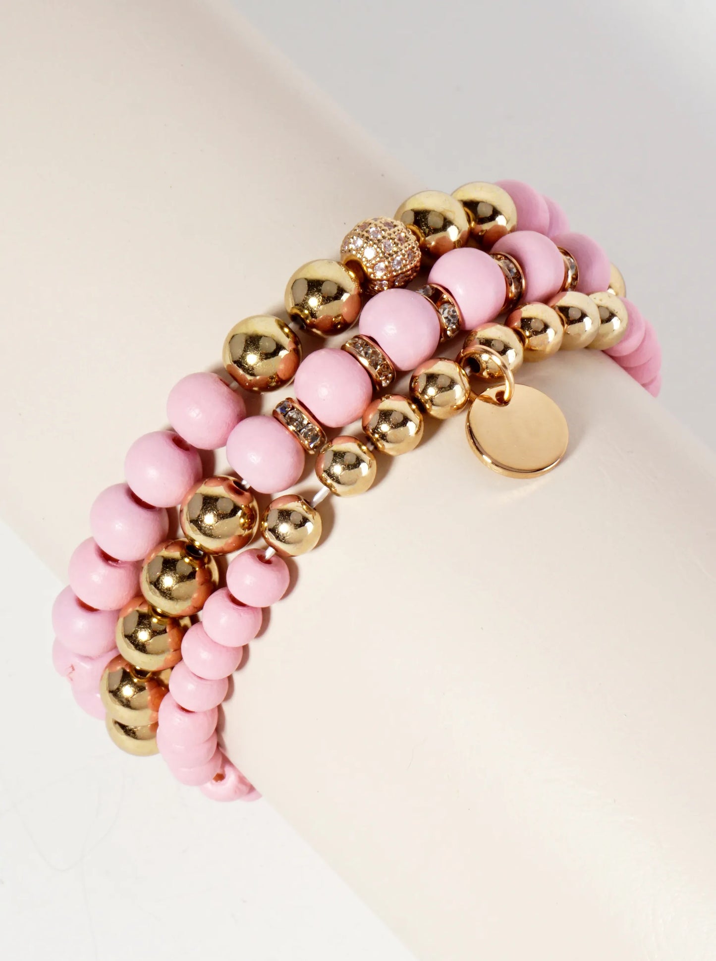 Set-of-3 Wood And Metallic-Beads Stackable Stretch Bracelet With Crystal-Pave Ball-Bead Accent