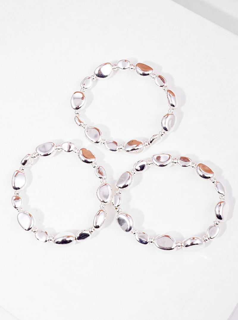 Set Of 3 Bean Shaped Metallic Bead Stackable Stretch Bracelet
