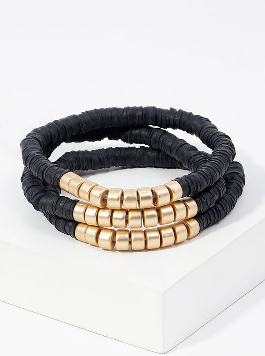 Set Of 3 Clay Bead And Metallic Bead Stretch Stackable Bracelet