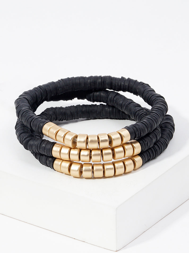 Set Of 3 Clay Bead And Metallic Bead Stretch Stackable Bracelet