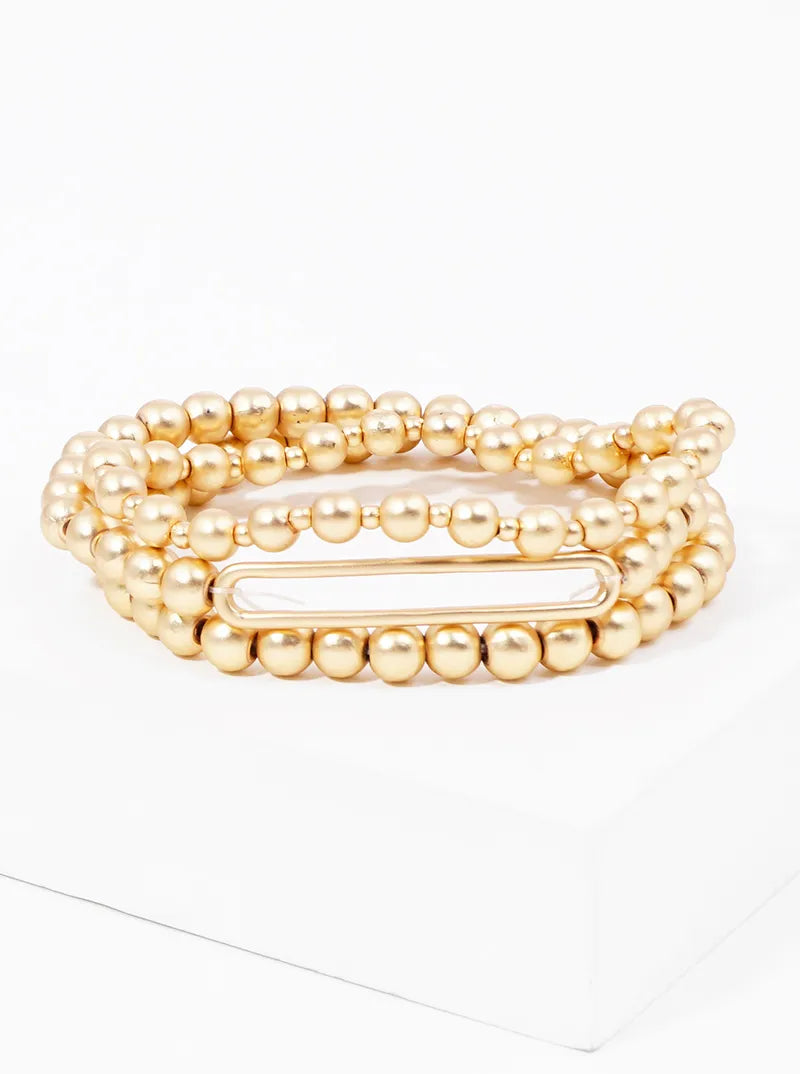 Set Of 3 Curved Bar Accent Metallic Bead Stackable Stretch Bracelet