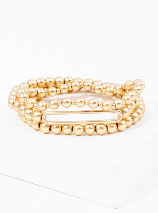 Set Of 3 Curved Bar Accent Metallic Bead Stackable Stretch Bracelet