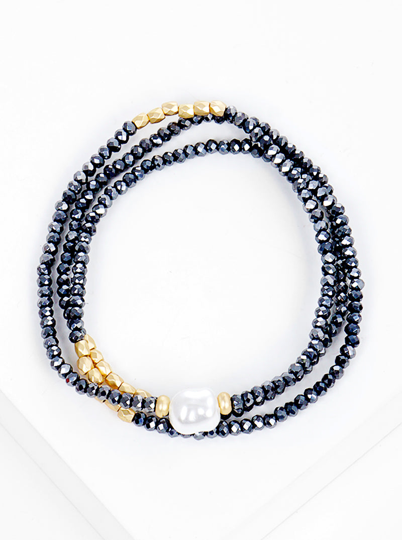 Set Of 3 Faceted Glass Beads With Pearl Stretch Stackable Bracelet