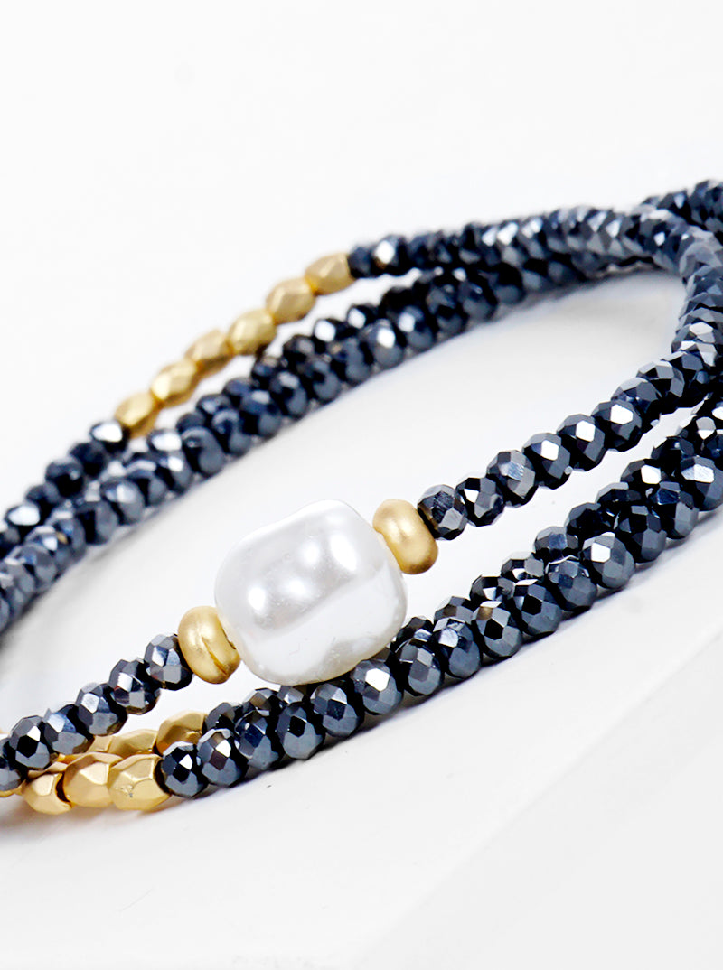 Set Of 3 Faceted Glass Beads With Pearl Stretch Stackable Bracelet