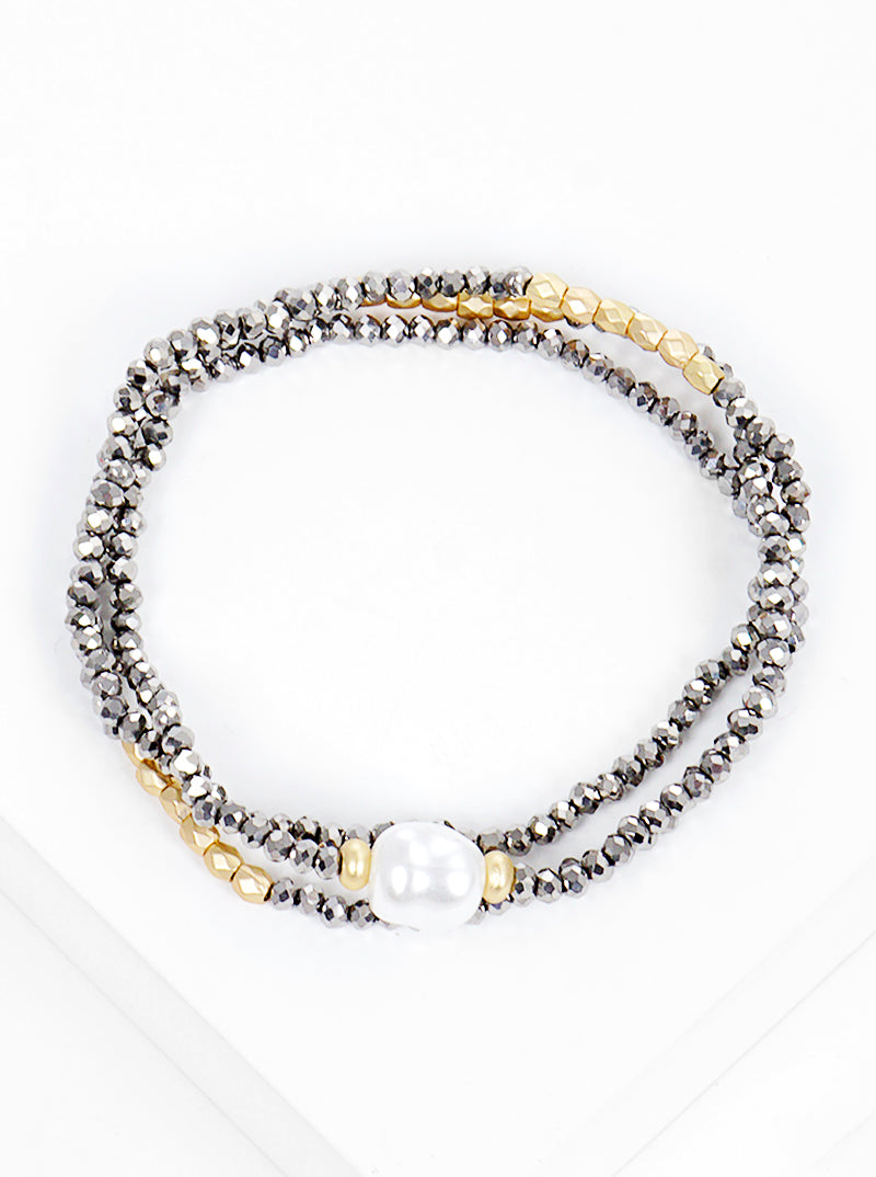 Set Of 3 Faceted Glass Beads With Pearl Stretch Stackable Bracelet