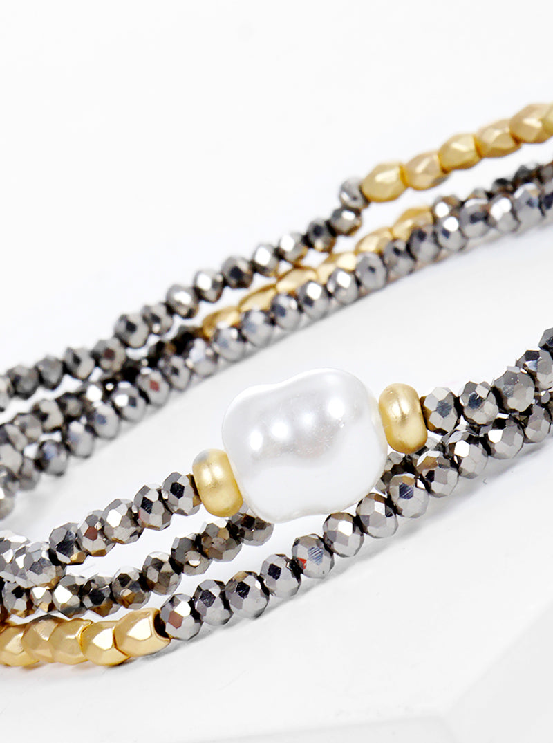 Set Of 3 Faceted Glass Beads With Pearl Stretch Stackable Bracelet