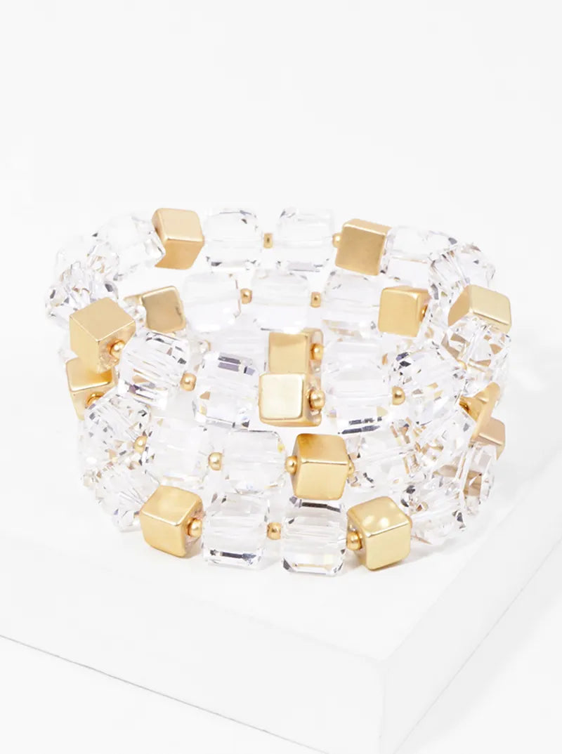 Set Of 3 Faceted Square Bead And Metallic Bead Stackable Stretch Bracelet