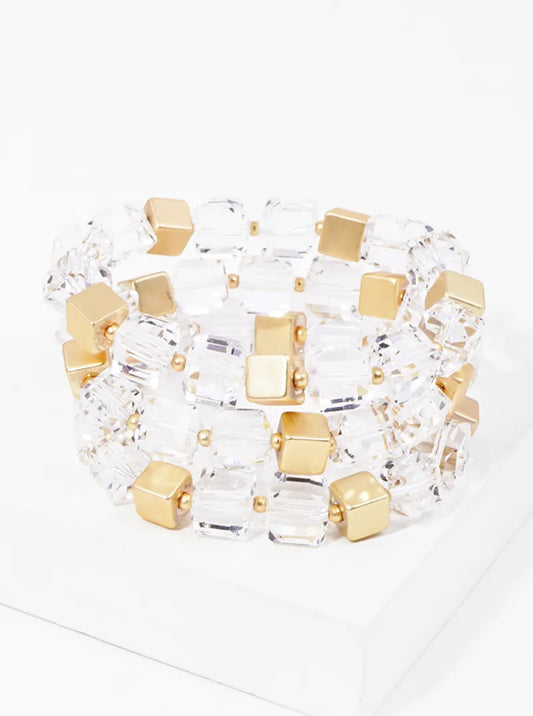 Set Of 3 Faceted Square Bead And Metallic Bead Stackable Stretch Bracelet