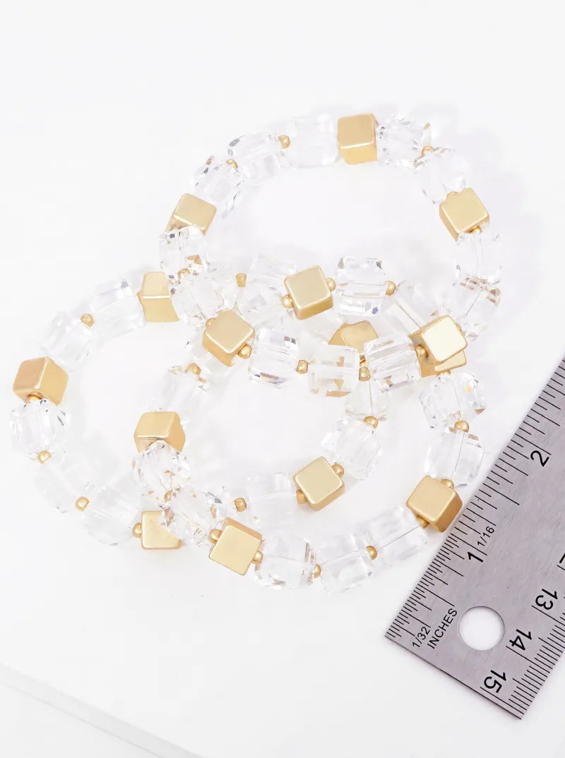 Set Of 3 Faceted Square Bead And Metallic Bead Stackable Stretch Bracelet