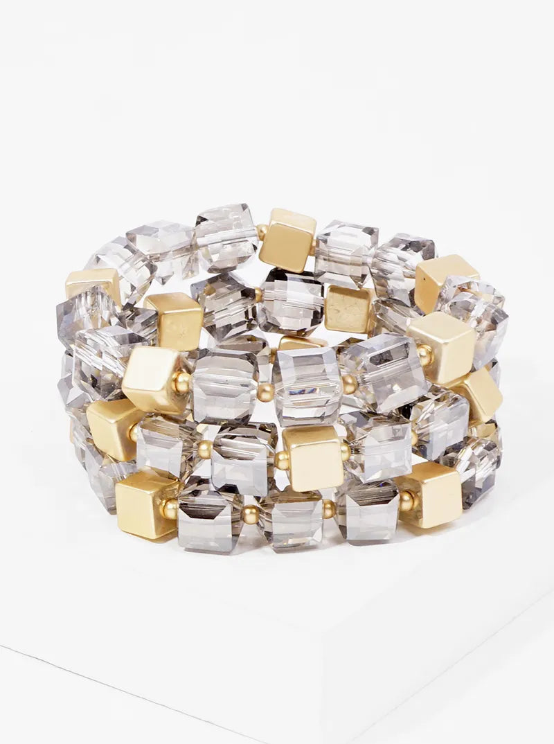 Set Of 3 Faceted Square Bead And Metallic Bead Stackable Stretch Bracelet