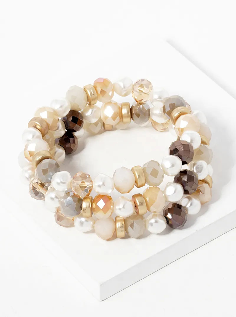 Set Of 3 Glass And Faux Pearl Bead Stackable Stretch Bracelet