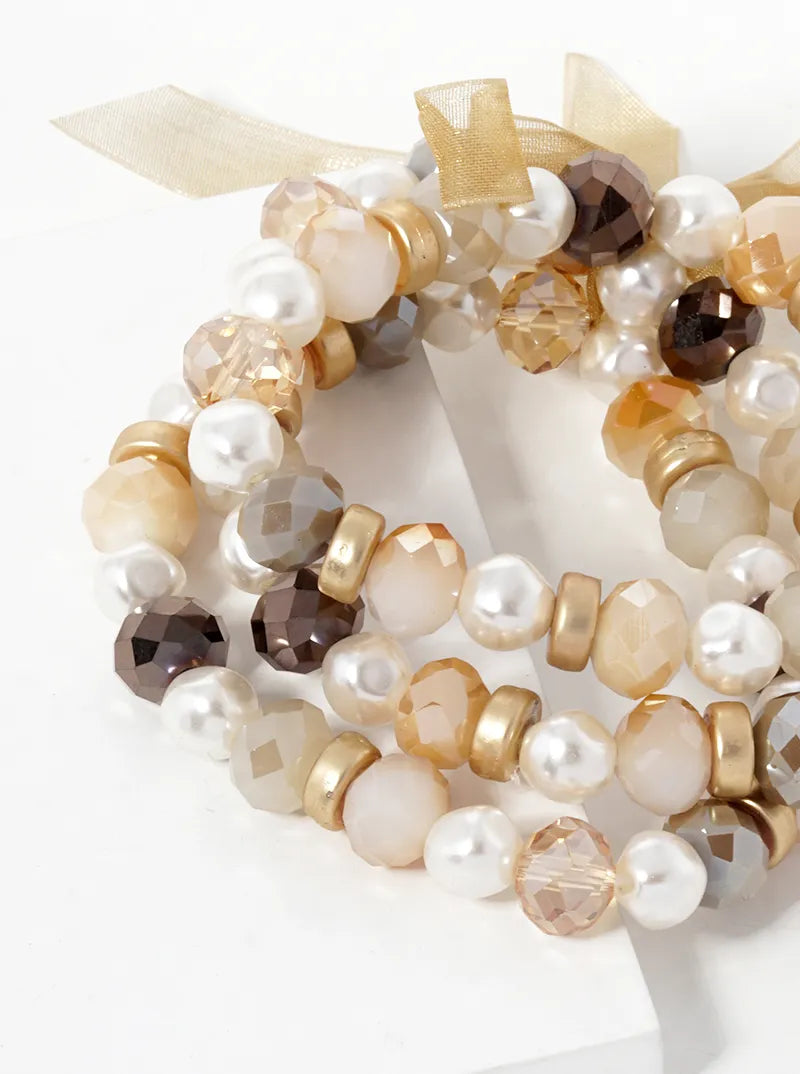 Set Of 3 Glass And Faux Pearl Bead Stackable Stretch Bracelet