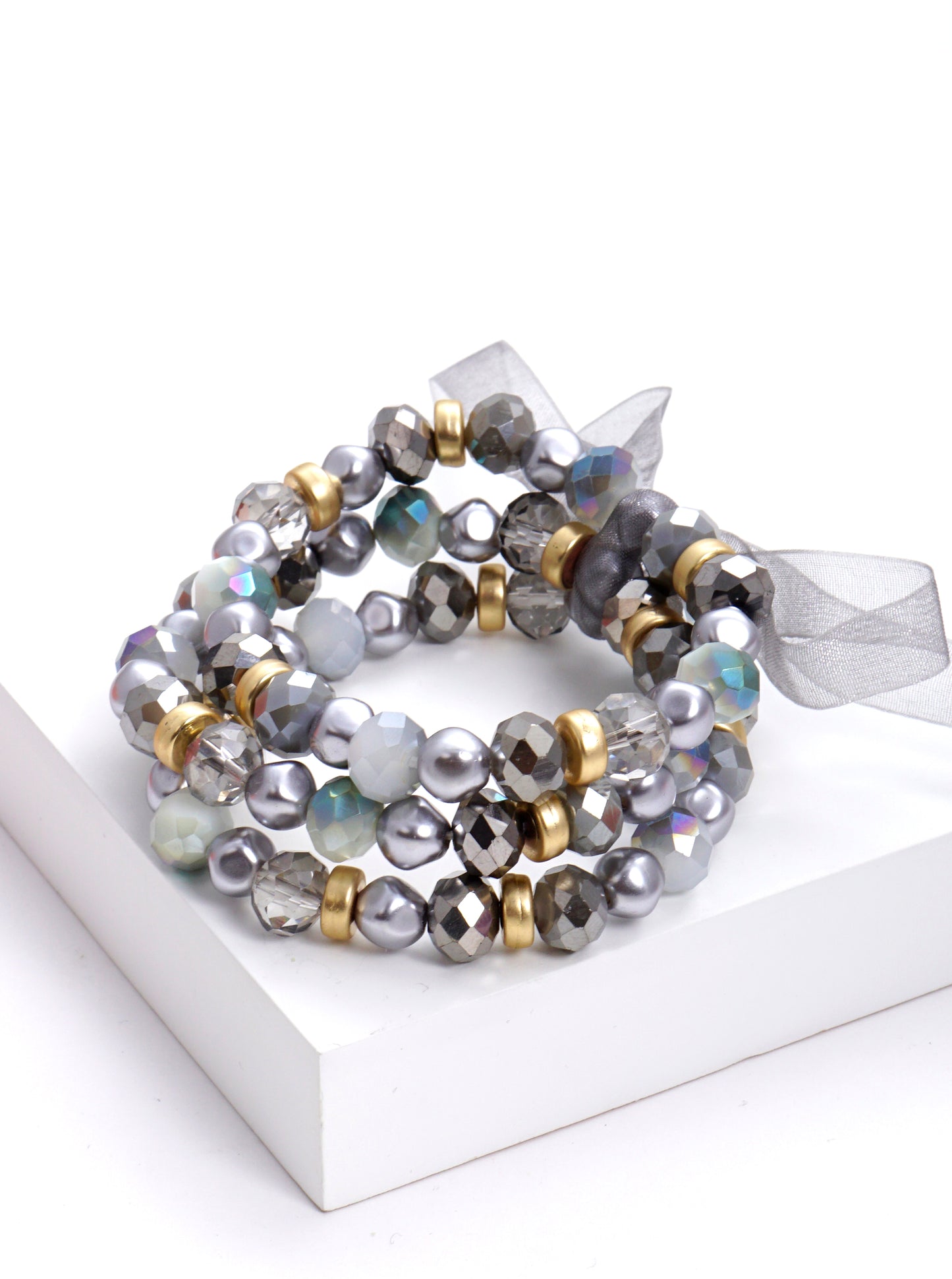 Set Of 3 Glass And Faux Pearl Bead Stackable Stretch Bracelet