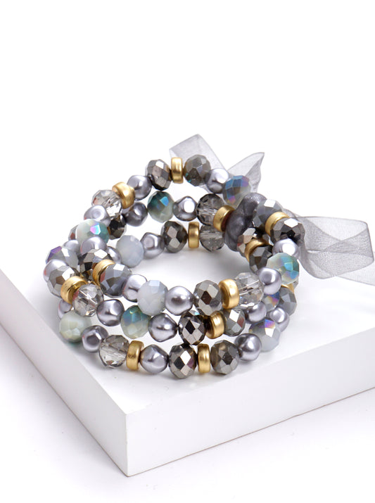 Set Of 3 Glass And Faux Pearl Bead Stackable Stretch Bracelet
