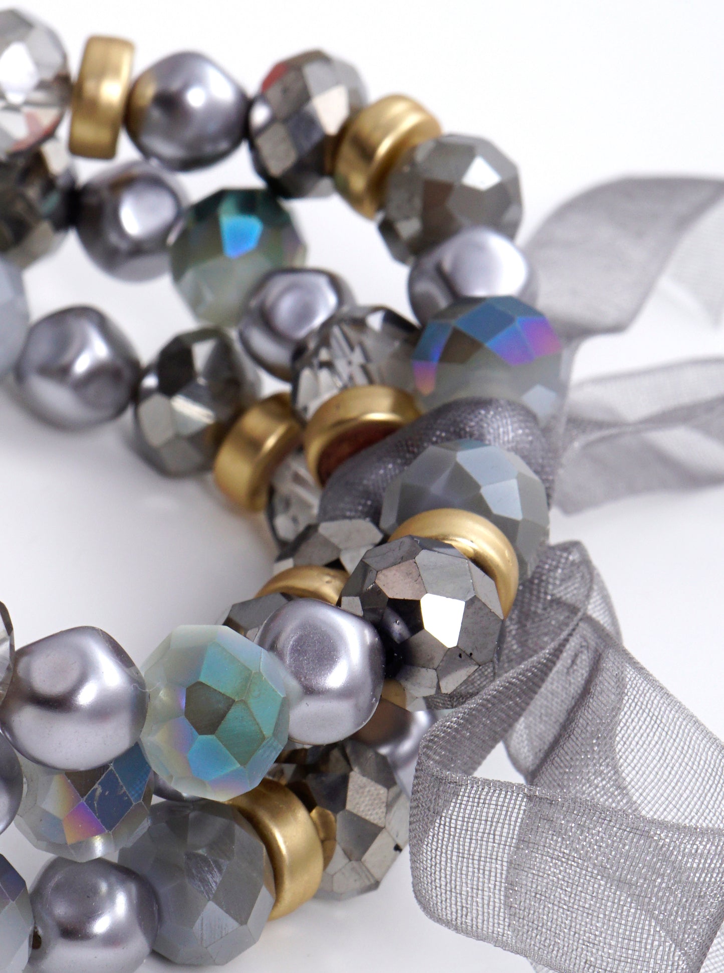 Set Of 3 Glass And Faux Pearl Bead Stackable Stretch Bracelet