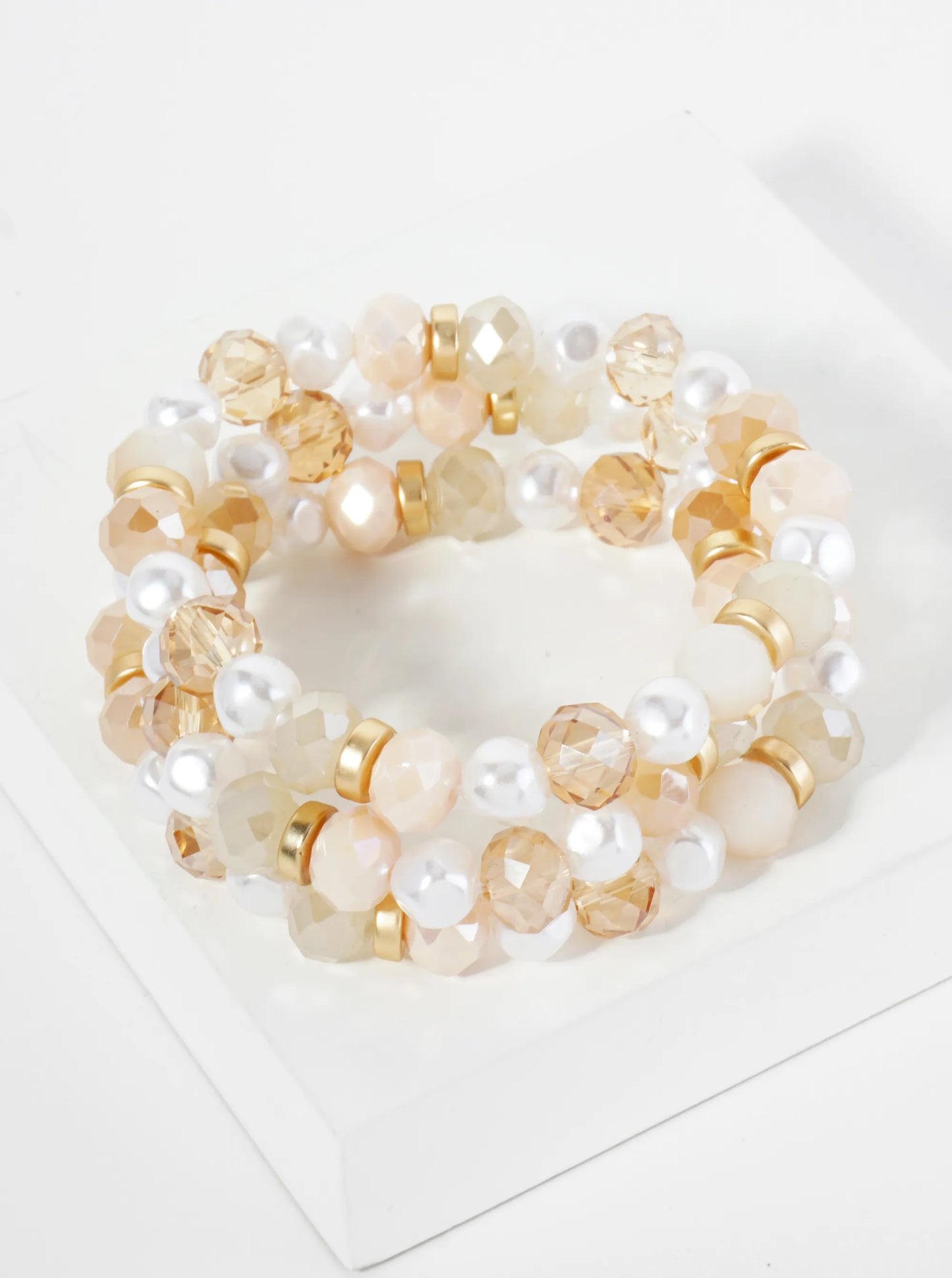 Set Of 3 Glass And Faux Pearl Bead Stackable Stretch Bracelet