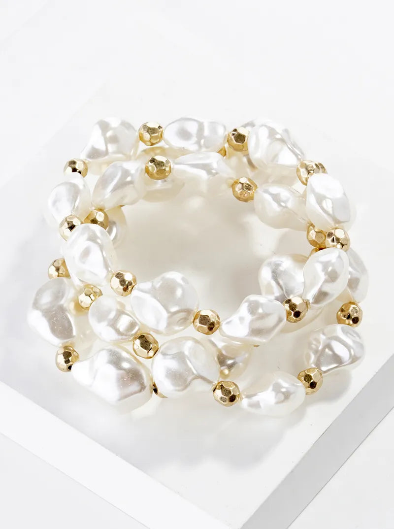 Set Of 3 Organic Shaped Pearl Bead Stretch Stackable Bracelet
