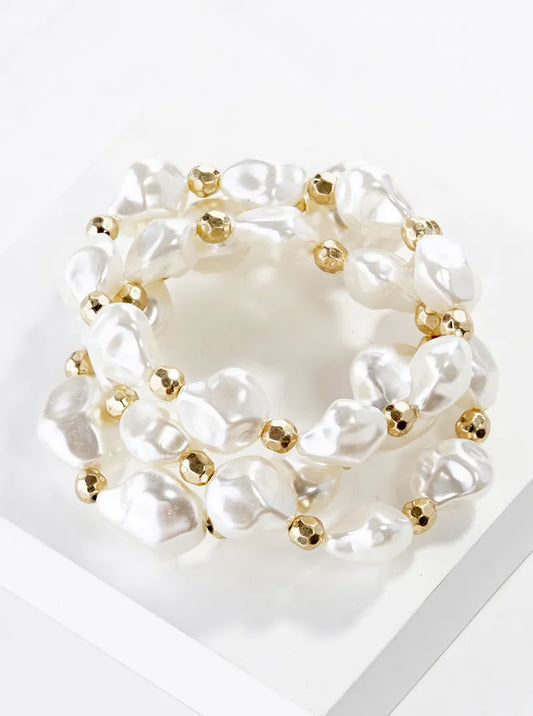 Set Of 3 Organic Shaped Pearl Bead Stretch Stackable Bracelet