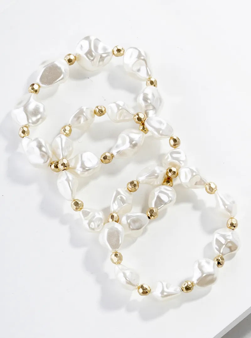 Set Of 3 Organic Shaped Pearl Bead Stretch Stackable Bracelet