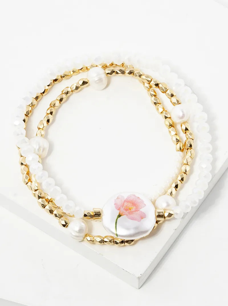 Set Of 3 Pearl And Metallic Beaded Stretch Stackable Bracelet