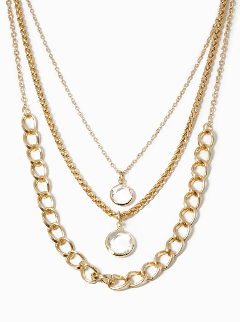Set Of 3 Round Crystal Pendant Layered Multi Chain Necklace