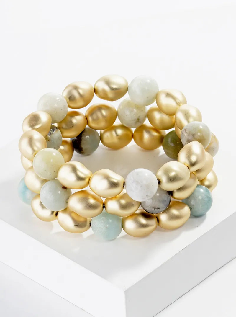 Set Of 3 Semi-precious Natural Stone And Metallic Bead Stretch Stackable Bracelet