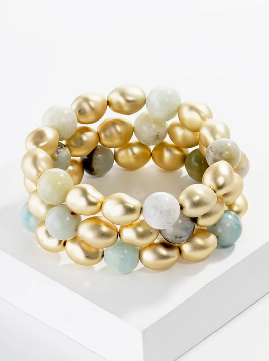 Set Of 3 Semi-precious Natural Stone And Metallic Bead Stretch Stackable Bracelet
