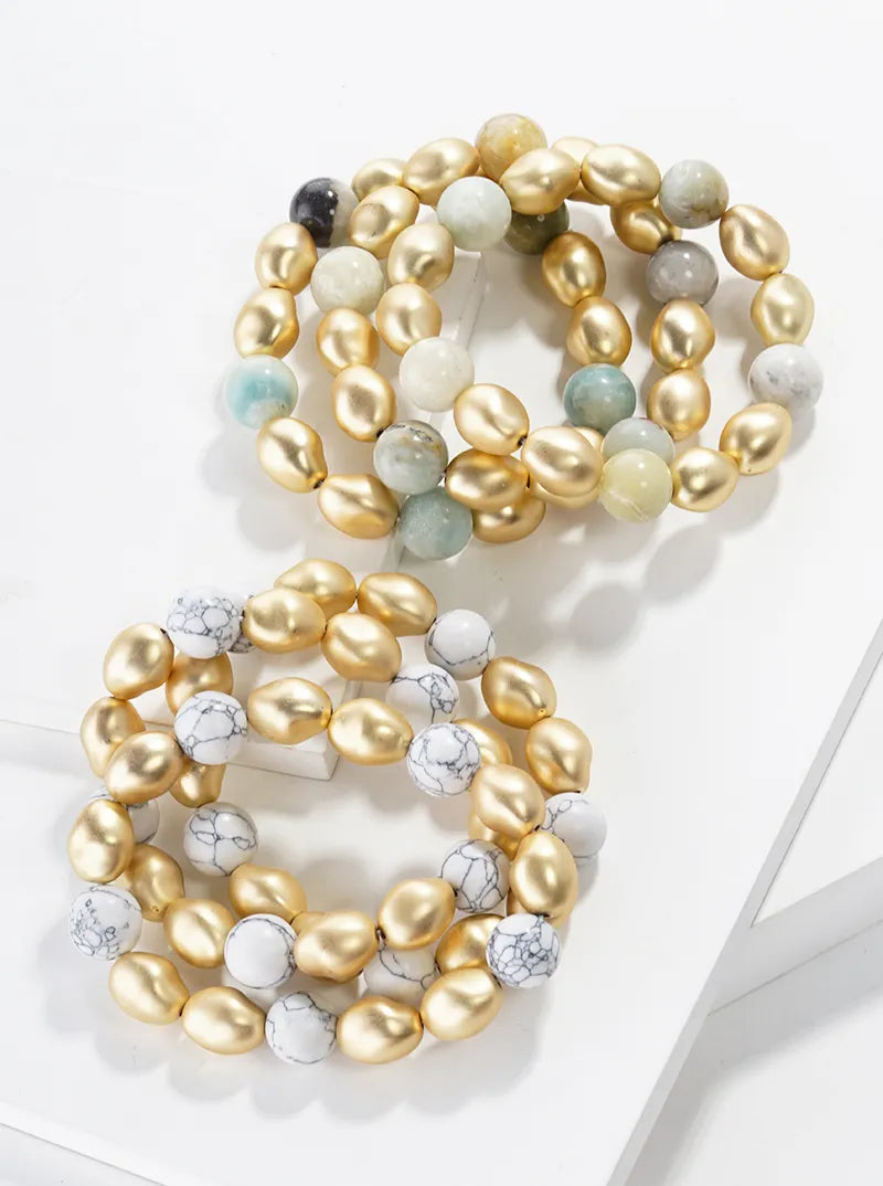 Set Of 3 Semi-precious Natural Stone And Metallic Bead Stretch Stackable Bracelet