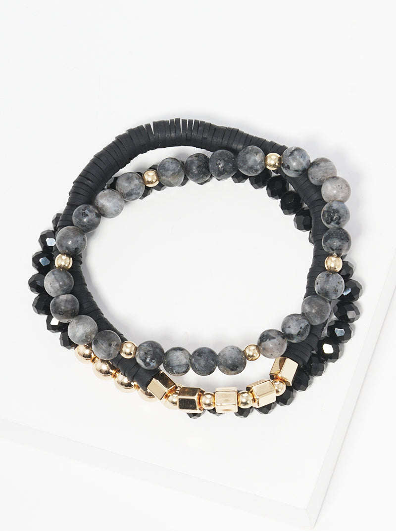 Set Of 3 Semi-precious Natural Stone Rubber Beads Tri Rows Stackable Stretch Bracelet