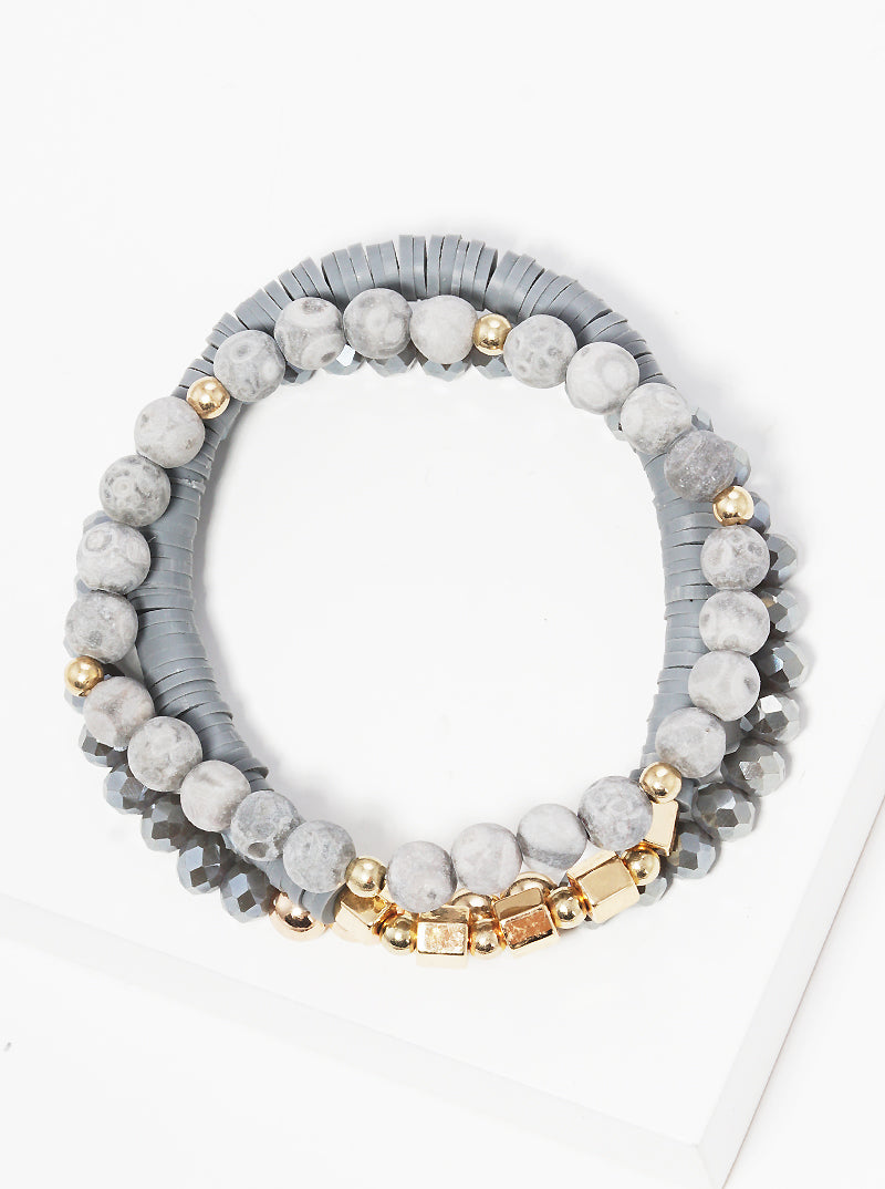 Set Of 3 Semi-precious Natural Stone Rubber Beads Tri Rows Stackable Stretch Bracelet