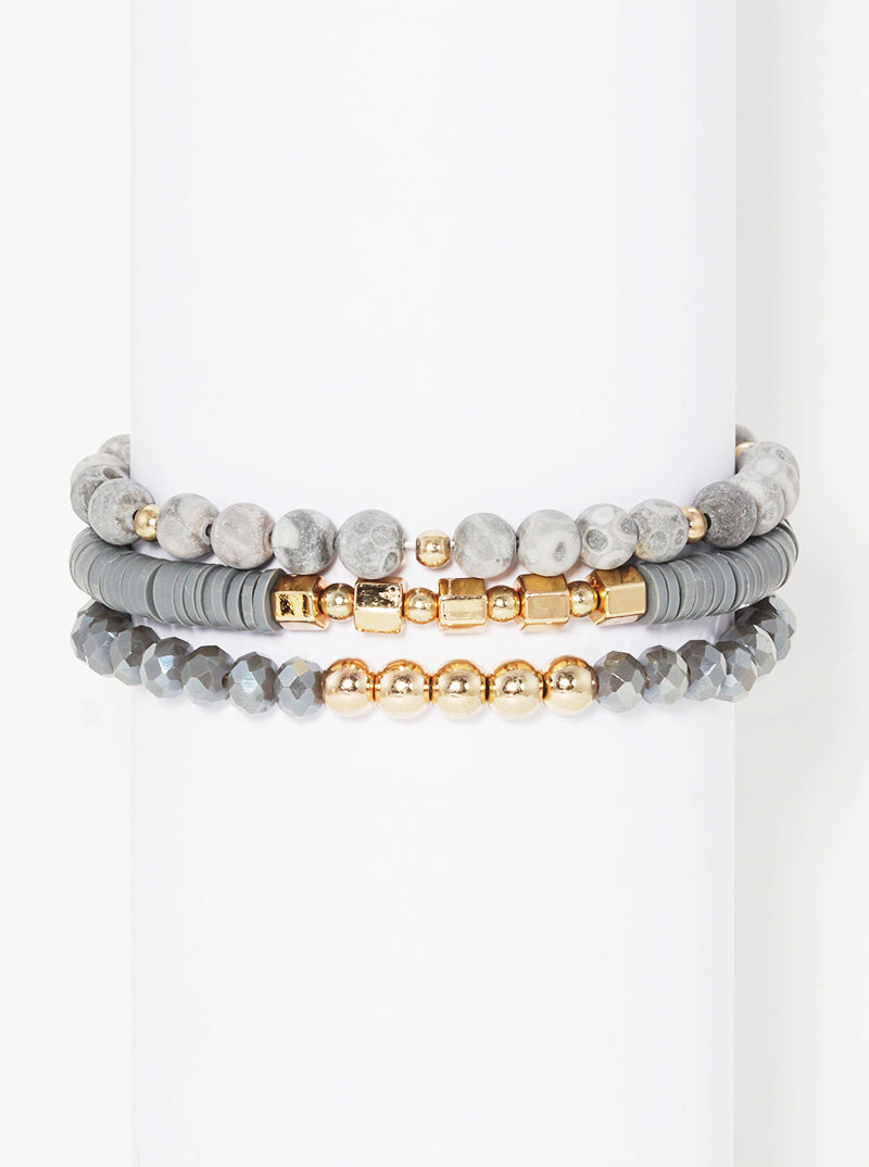 Set Of 3 Semi-precious Natural Stone Rubber Beads Tri Rows Stackable Stretch Bracelet
