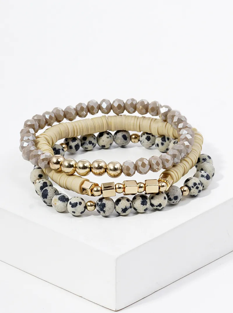 Set Of 3 Semi-precious Natural Stone Rubber Beads Tri Rows Stackable Stretch Bracelet