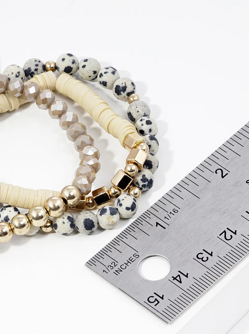 Set Of 3 Semi-precious Natural Stone Rubber Beads Tri Rows Stackable Stretch Bracelet
